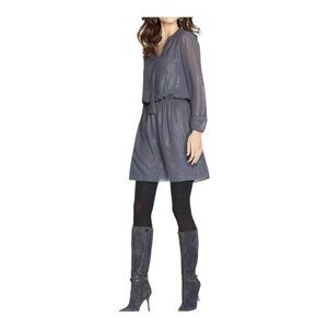 WHBM Gray Long Sleeve Dress 4 Blouson Tassel Sheen Mini Party Holiday Casual
